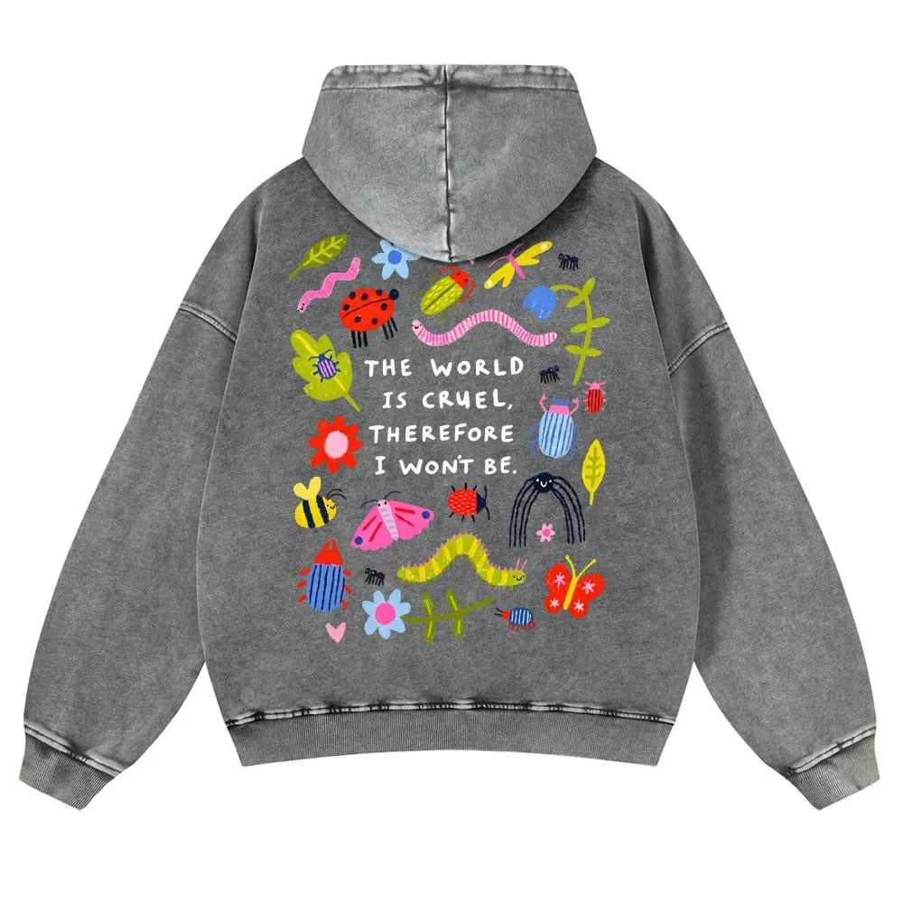 Cute Bug Print Pink Washed Hoodie The World Is Cruel Slogan 380g Autumn VIntage Washed Hoodie Graphic Sweatshirt