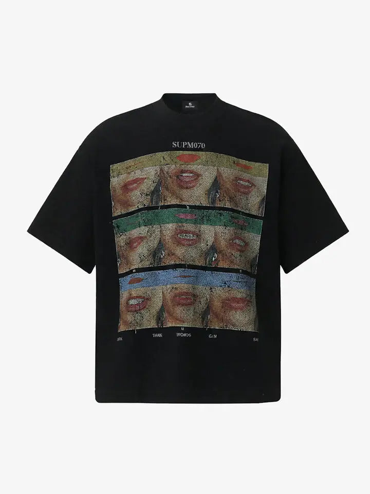 Layered Lip Portrait Collage Graphic T-Shirt with Retro Filmstrip Design
