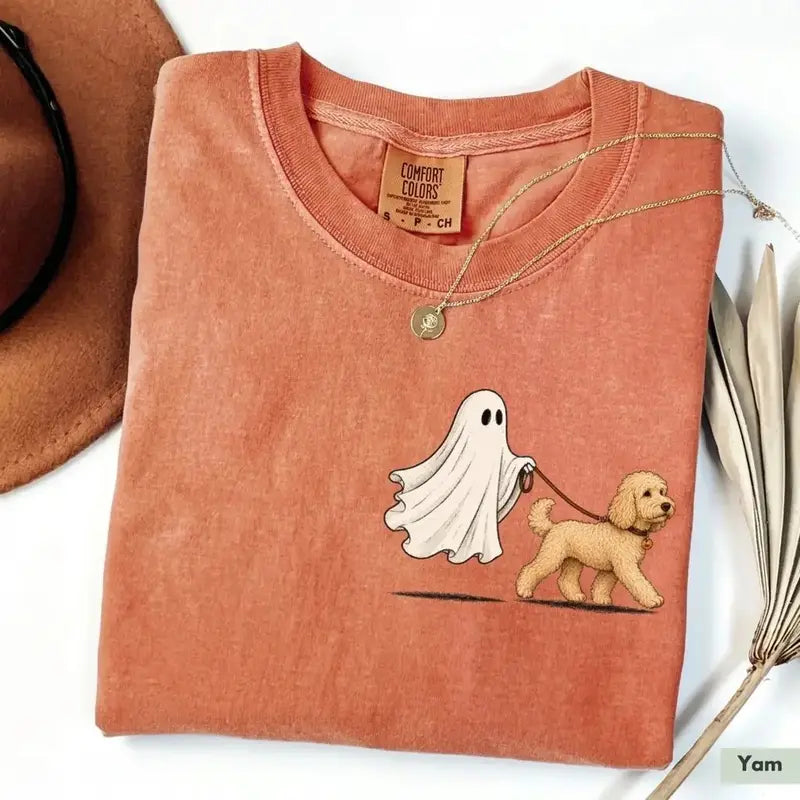 Ghost Walking a Dog Graphic Tee with Playful Halloween Artwork