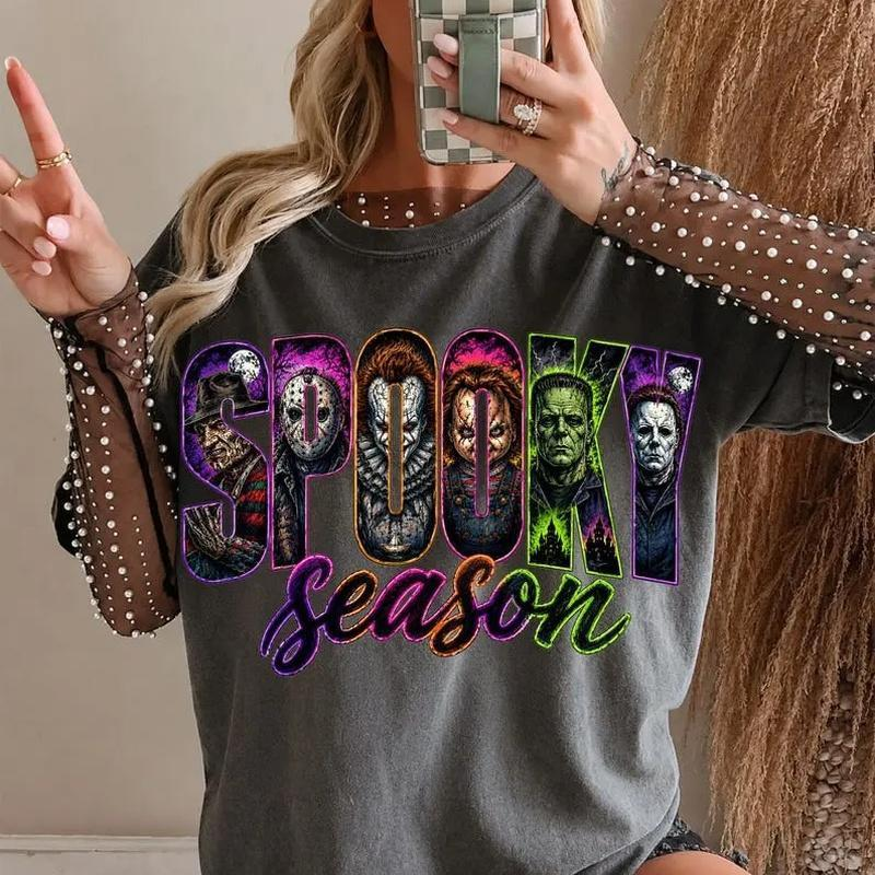 Spooky Season Classic Horror Character Collage Graphic Shirt
