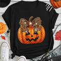 Halloween Jack O’ Lantern Pumpkin with Leopard Print Bow Graphic T-Shirt
