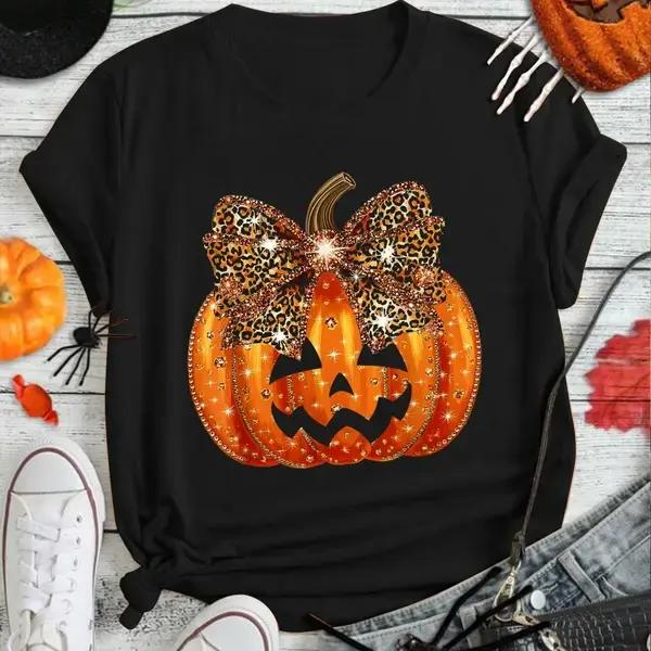 Halloween Jack O’ Lantern Pumpkin with Leopard Print Bow Graphic T-Shirt
