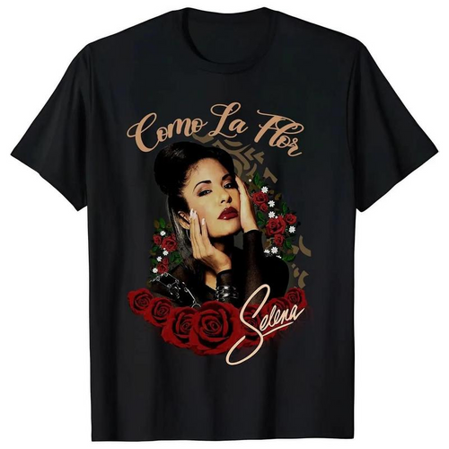 Como La Flor Selena Portrait and Red Rose Graphic T-Shirt