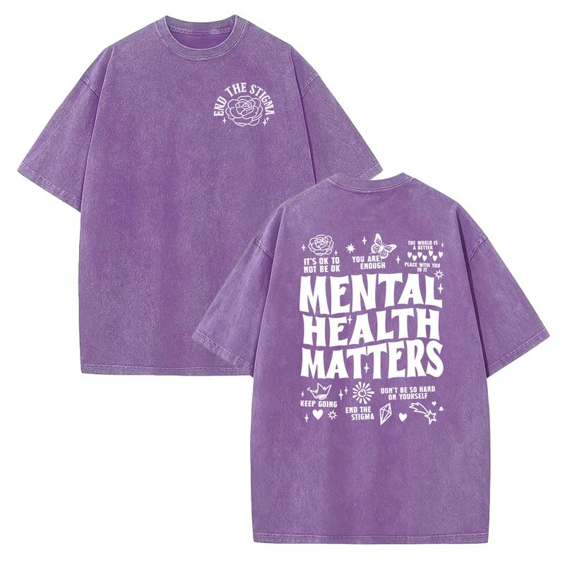 Mental Health Matters Graphic T-Shirt with Encouraging Messages and Floral Artwork