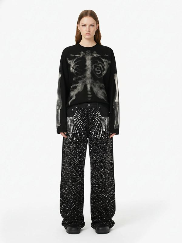 X-Ray Skeleton Rib Cage and Arm Bone Graphic Long Sleeve Crewneck Top