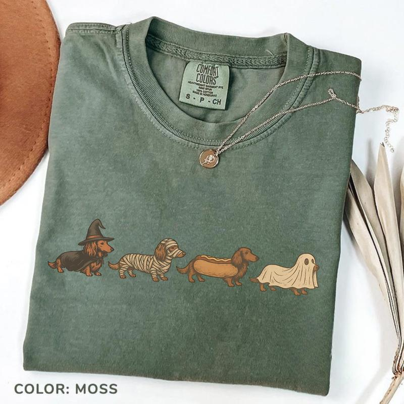 Halloween Dachshund Costume Parade Graphic T-Shirt with Vintage-Inspired Dog Artwork