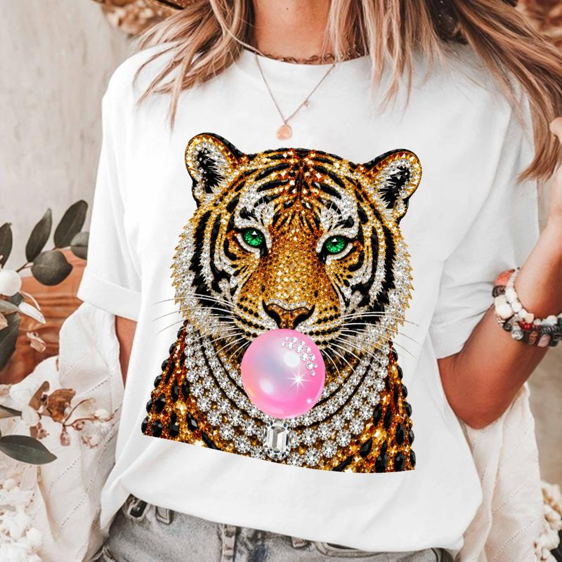 Bubblegum Tiger Graphic Tee with Jewel Effect Artwork and Pink Bubble
