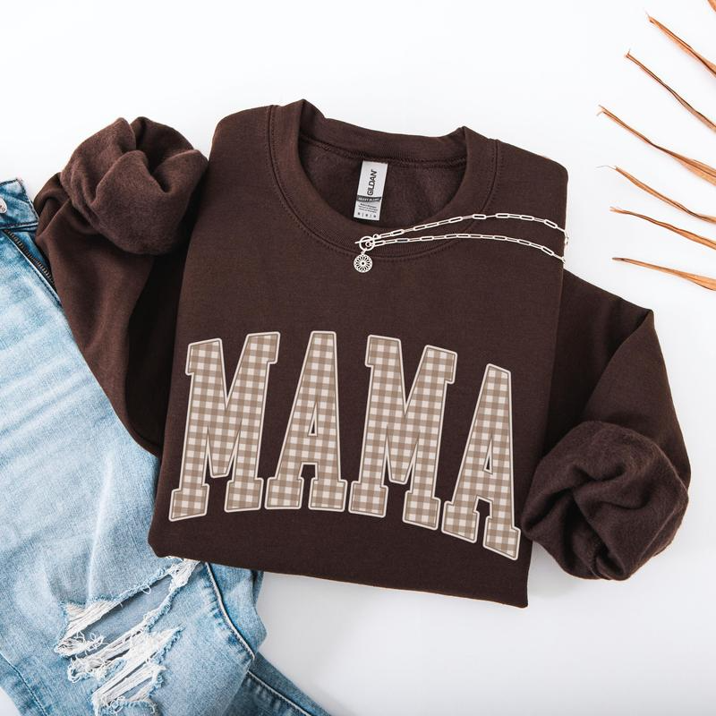 Mama Gingham Letter Graphic Crewneck Sweatshirt with Varsity Style Design