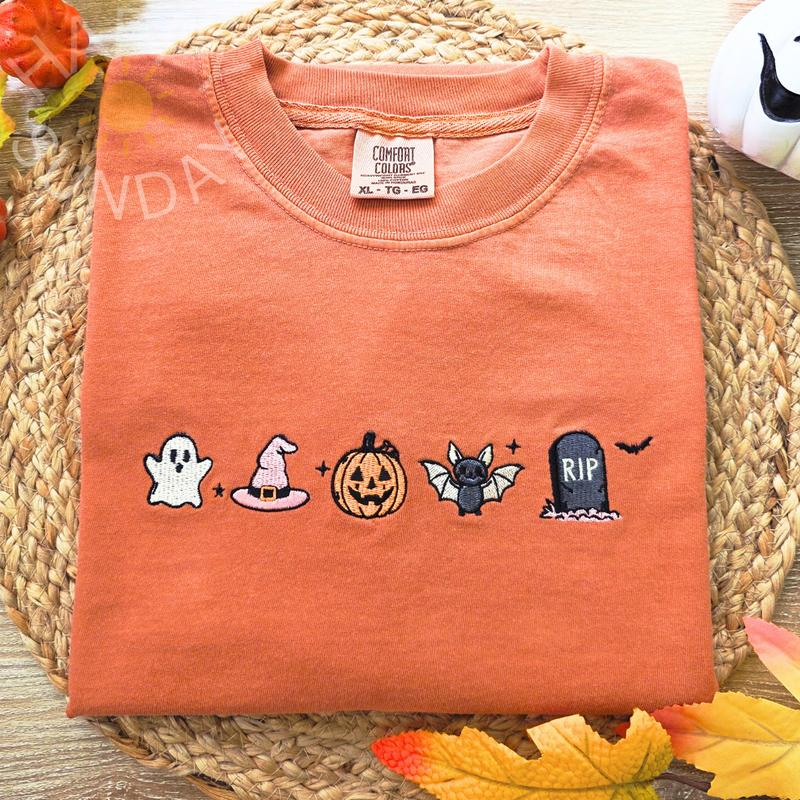 Halloween Ghost Witch Hat Pumpkin and Bat Graphic Crewneck T-Shirt