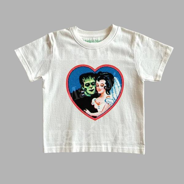 Frankenstein and Bride Heart Graphic T-Shirt with Retro Monster Romance Artwork