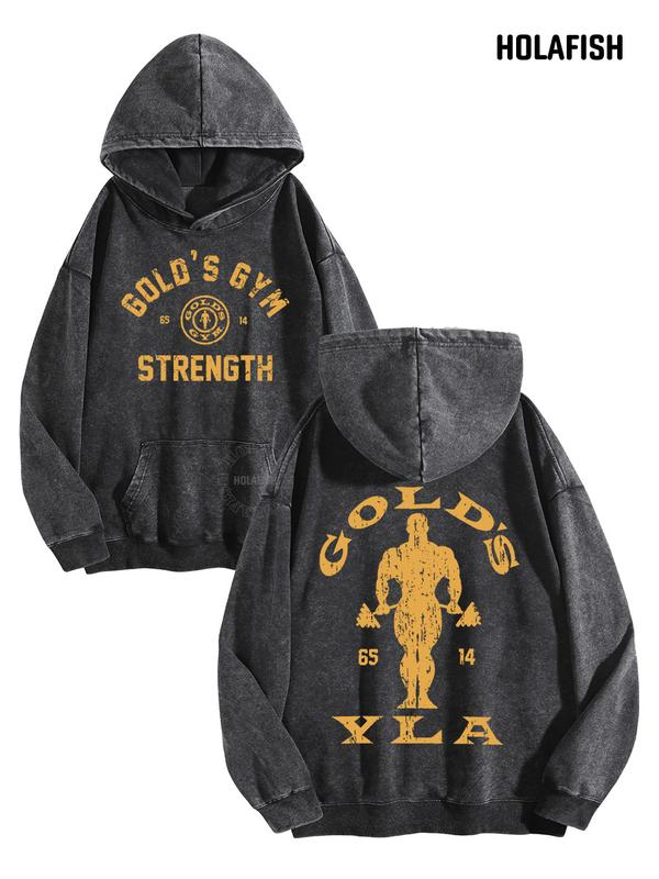 Gold’s Gym Strength Lettering Hoodie with Distressed Bodybuilder Back Graphic