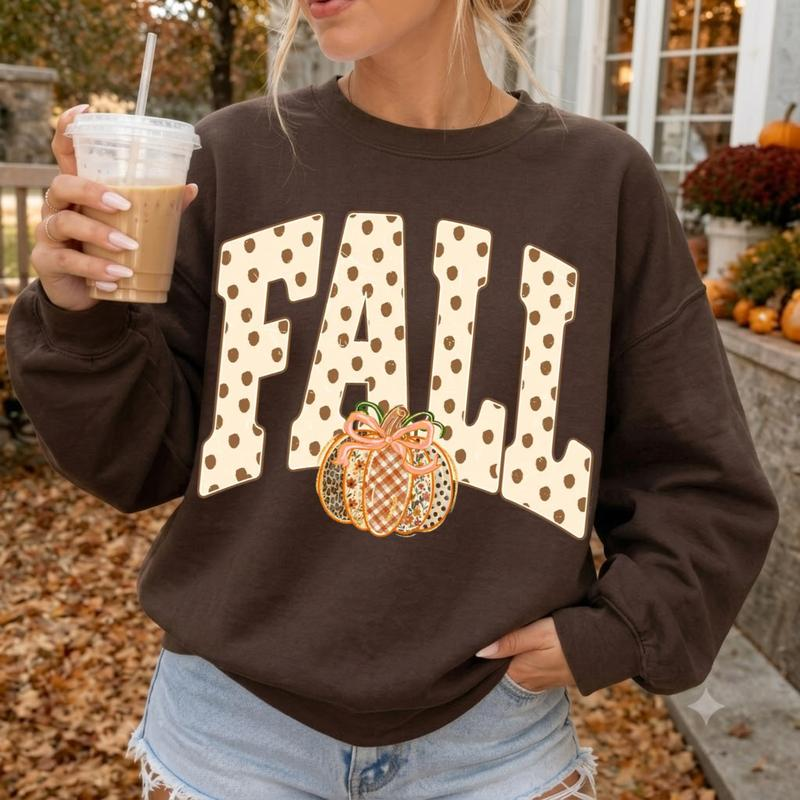 Fall Pumpkin Graphic Crewneck Sweatshirt with Polka Dot Lettering