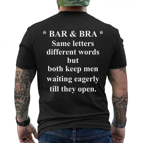 Bar & Bra Wordplay Graphic T-Shirt with Humorous Back Print