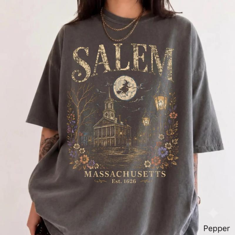 Salem Massachusetts Moonlit Witch and Historic Streetscape Vintage Style Graphic T-Shirt