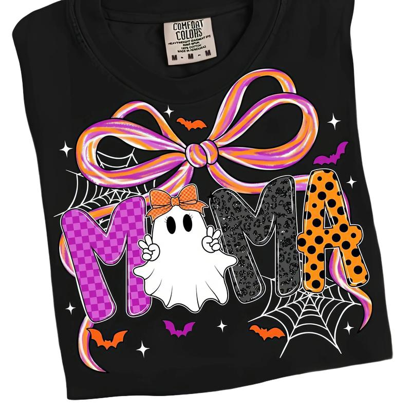 Halloween Mama Ghost Bow and Spiderweb Graphic Shirt