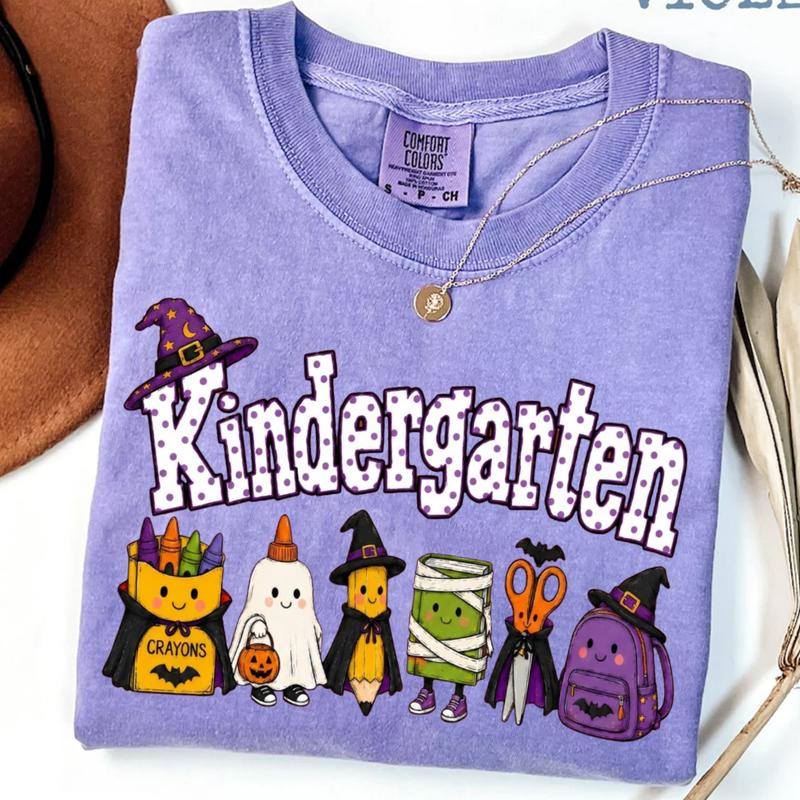 Kindergarten Halloween School Supplies Graphic Tee with Playful Witch Hats and Ghosts