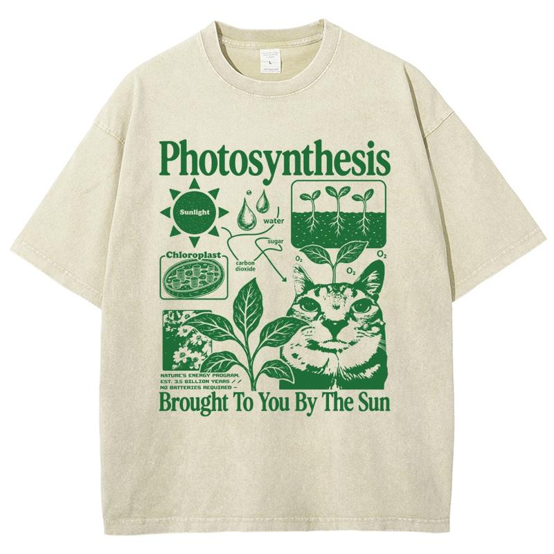 Photosynthesis Cat and Botanical Diagram Graphic Tee with Science Inspired Artwork