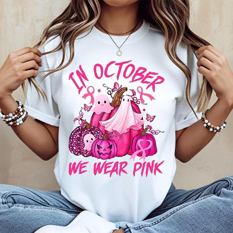 In October We Wear Pink Ghost and Pumpkin Halloween Graphic Shirt
