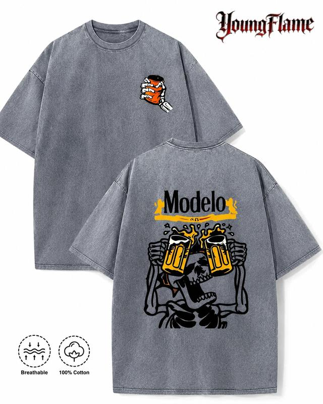 Skeleton Beer Mug Toast Graphic Washed Tee with Front Hand Detail