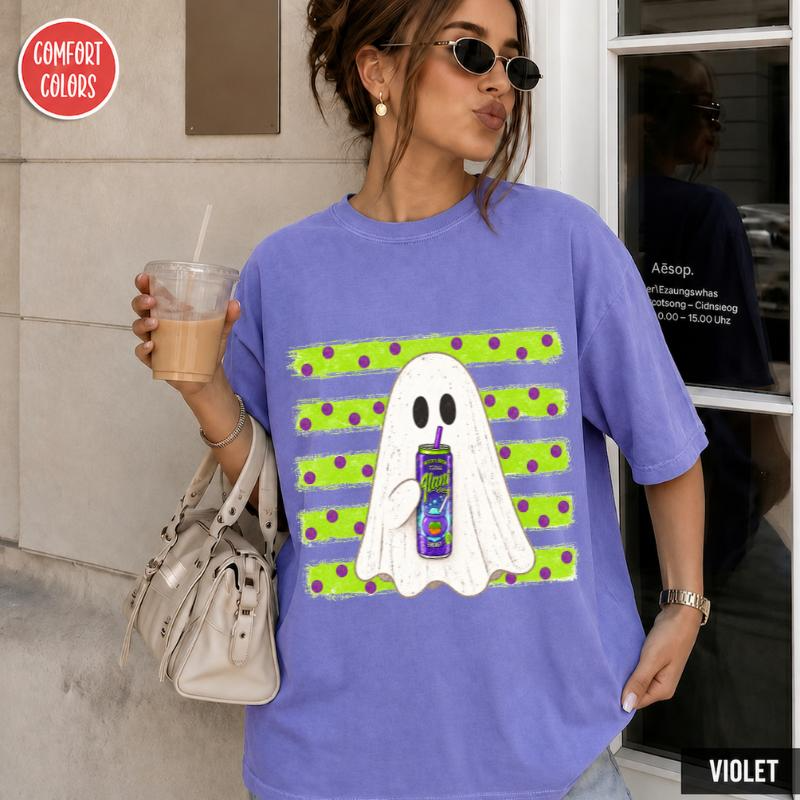 Ghost Sipping a Drink with Polka Dot Stripes Halloween Graphic Tee