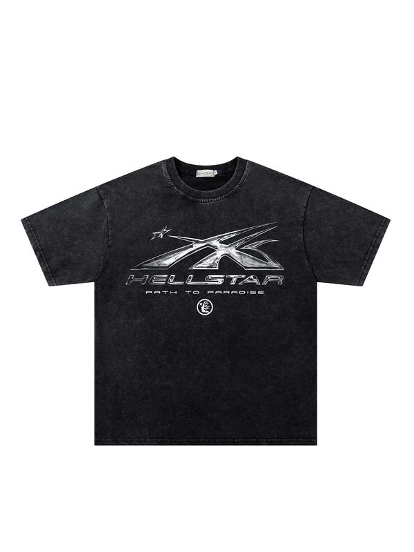 Hell Star Chrome Graphic Washed Tee with Flame and Star Artwork