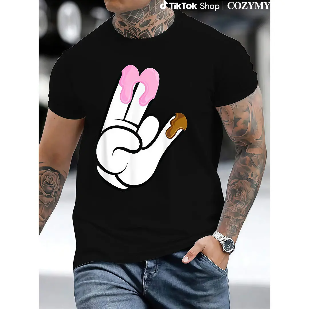 Cartoon Hand Gesture Graphic T-Shirt with Pink and Brown Drip Details