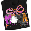 Halloween Mama Ghost Graphic Tee with Colorful Bow and Spiderweb Design