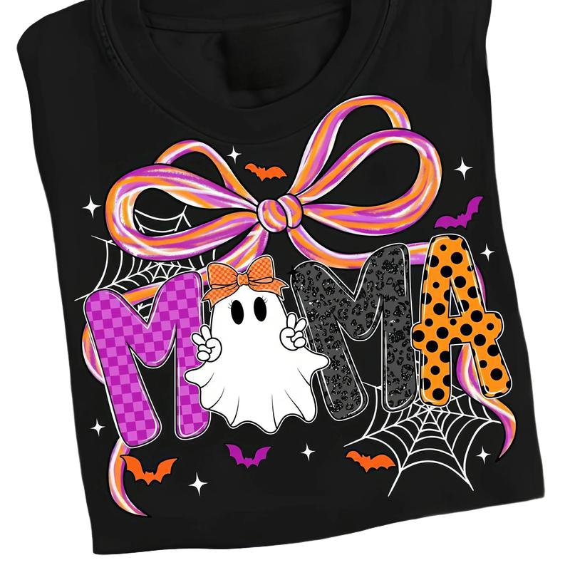 Halloween Mama Ghost Graphic Tee with Colorful Bow and Spiderweb Design