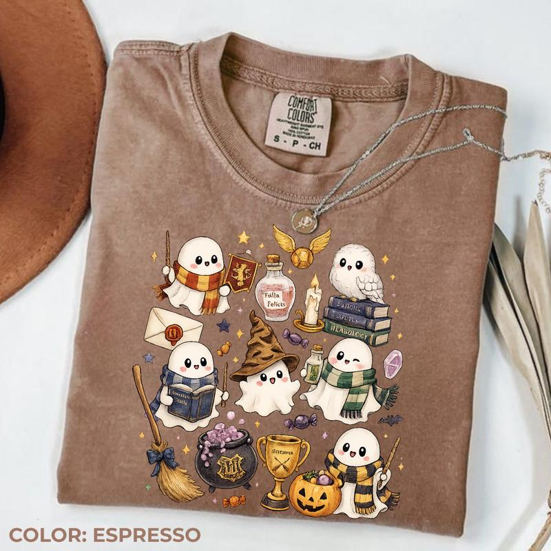 Cute Wizard Ghost Graphic T-Shirt with Owl and Magical Halloween Artwork