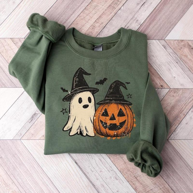 Ghost and Jack O’Lantern Witch Hat Halloween Graphic Crewneck Sweatshirt