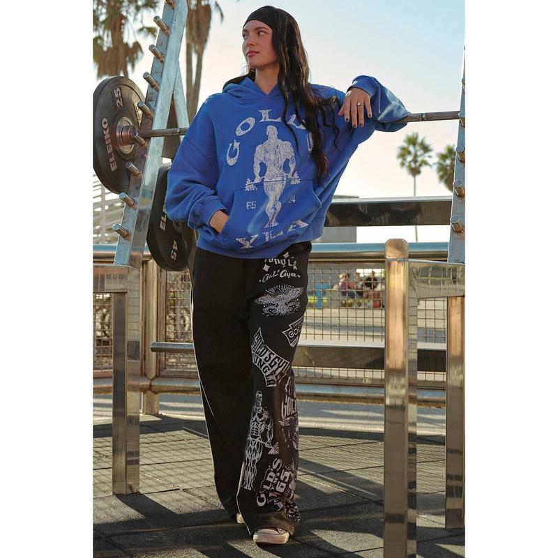 Vintage Bodybuilder Barbell Graphic Distressed Gym Pullover Hoodie