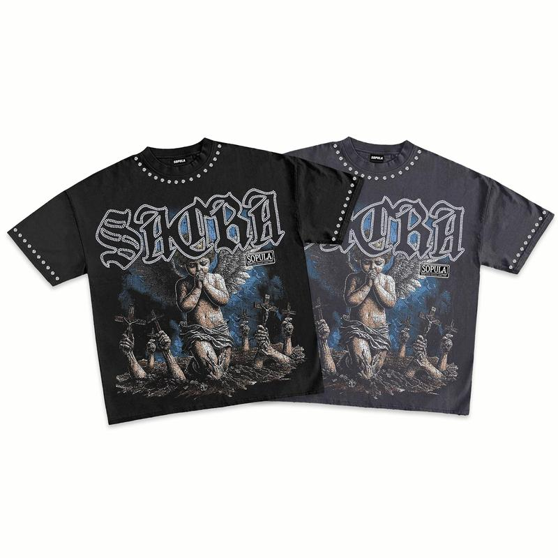 Studded Gothic Angel and Crosses Graphic Oversized Streetwear Tee