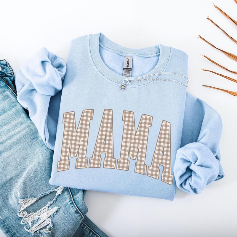 Mama Gingham Letter Graphic Crewneck Sweatshirt with Varsity Style Design