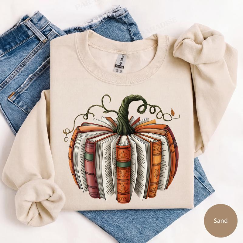 Vintage Book Pumpkin Graphic Crewneck Top for Fall Reading Days