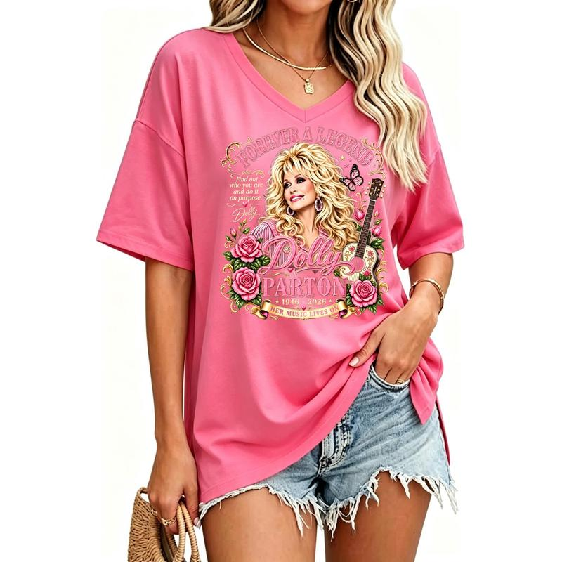 Dolly Parton Forever a Legend Graphic T-Shirt with Roses and Guitar Artwork