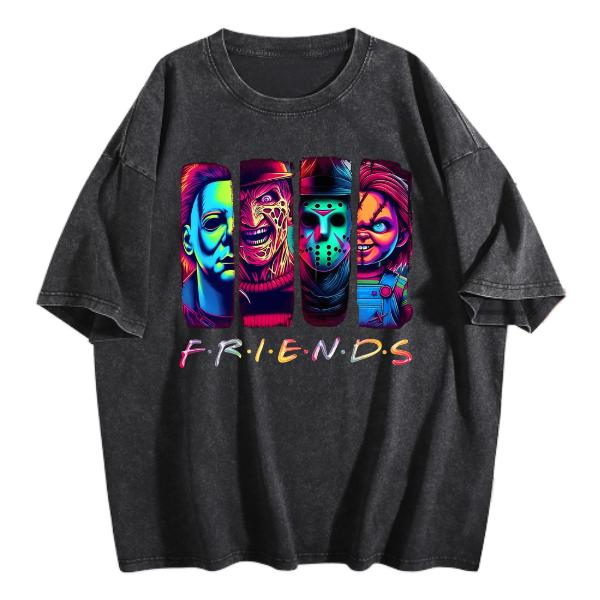 Neon Horror Character Portraits Friends Graphic Crewneck Short Sleeve T-Shirt