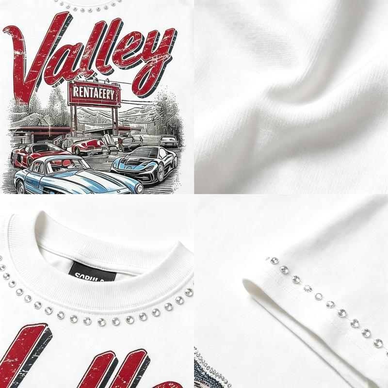 Vintage Valley Car Meet Graphic Tee with Studded Trim
