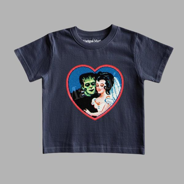 Frankenstein and Bride Heart Graphic T-Shirt with Retro Monster Romance Artwork