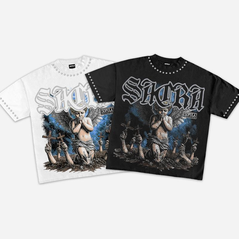 Studded Gothic Angel and Crosses Graphic Oversized Streetwear Tee