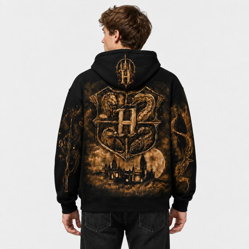 Hogwarts Crest and Castle Graphic Pullover Hoodie with Ornate Sleeve Artwork