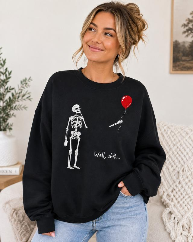 Skeleton Losing a Red Balloon Funny Graphic Crewneck Sweatshirt
