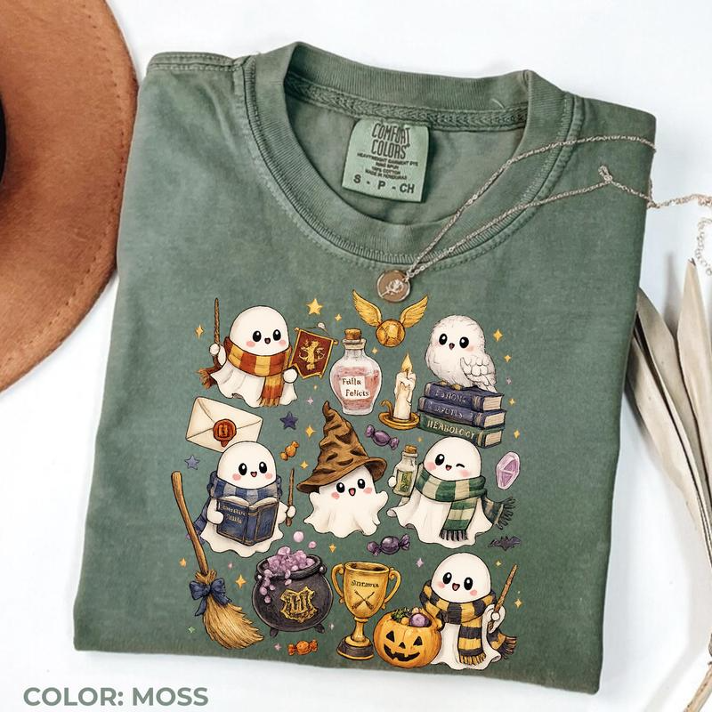 Cute Wizard Ghost Graphic T-Shirt with Owl and Magical Halloween Artwork