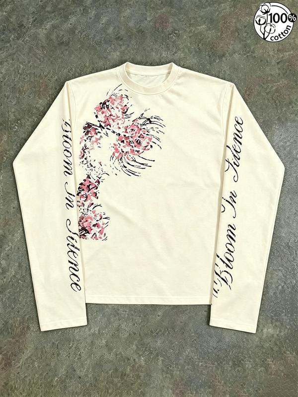 Bloom in Silence Floral Graphic Long Sleeve T-Shirt with Script Sleeve Lettering