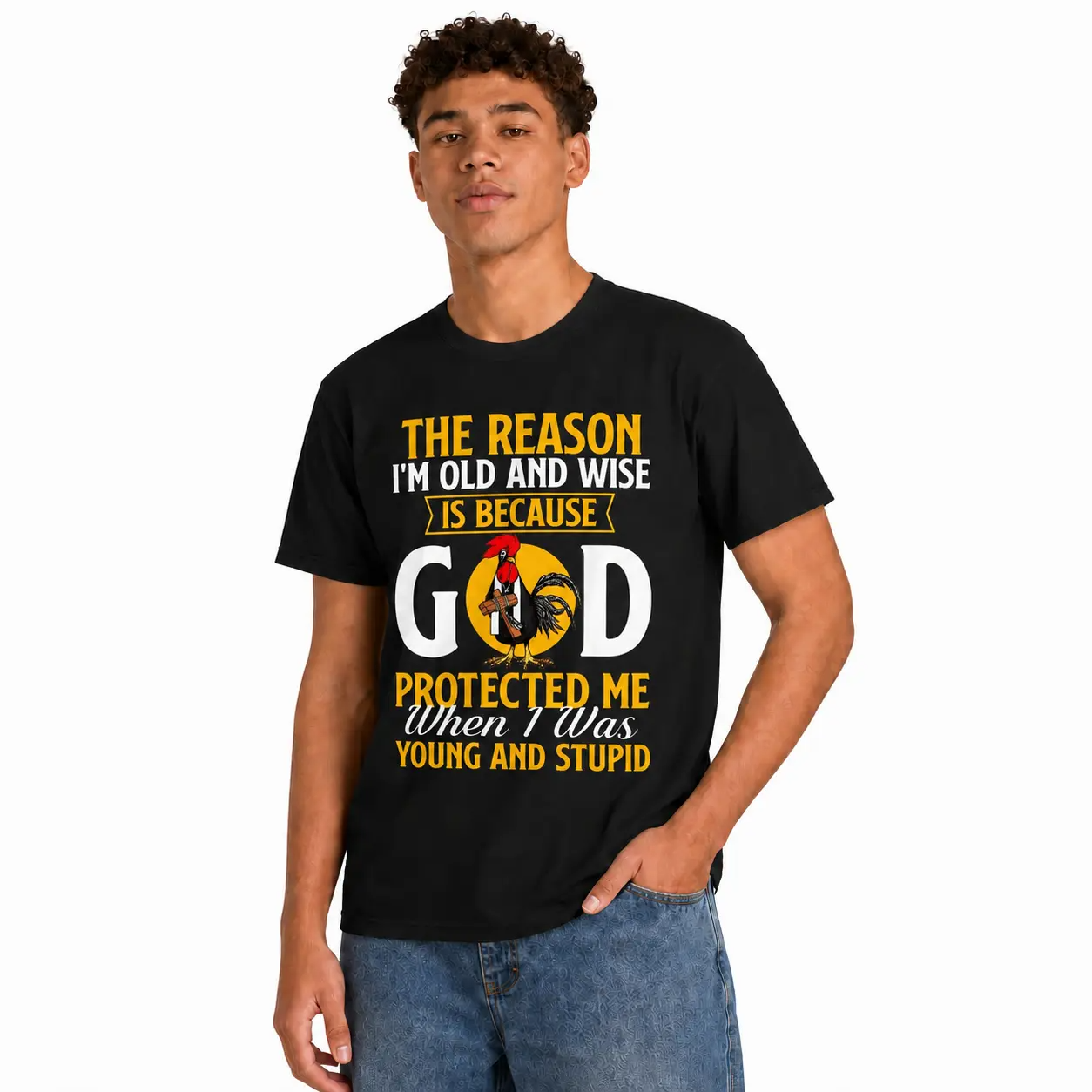 Old and Wise Rooster God Protected Me Humor Graphic Shirt