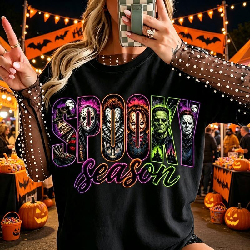 Spooky Season Classic Horror Character Collage Graphic Shirt