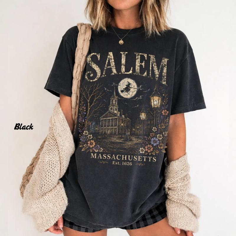 Salem Massachusetts Moonlit Witch and Historic Streetscape Vintage Style Graphic T-Shirt