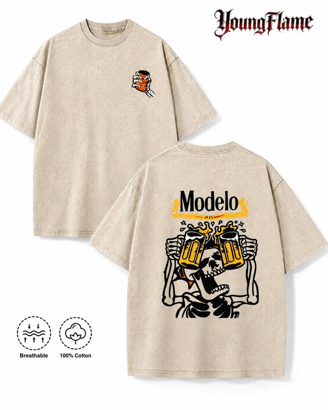Skeleton Beer Mug Toast Graphic Washed Tee with Front Hand Detail