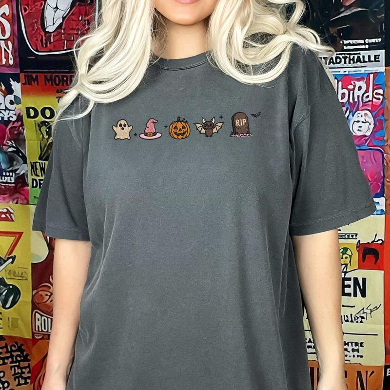 Halloween Ghost Witch Hat Pumpkin and Bat Graphic Crewneck T-Shirt