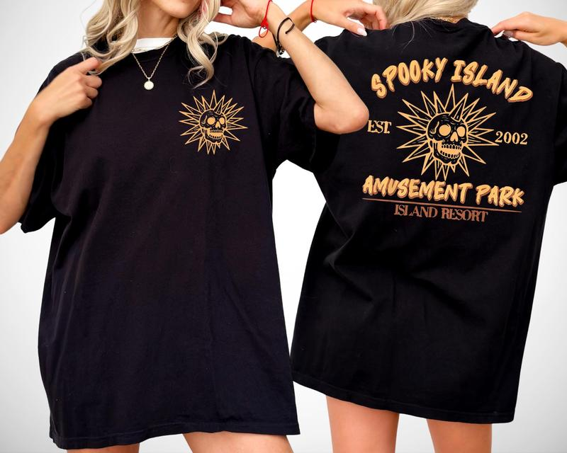 Spooky Island Skull Sunburst Amusement Park Graphic Oversized T-Shirt