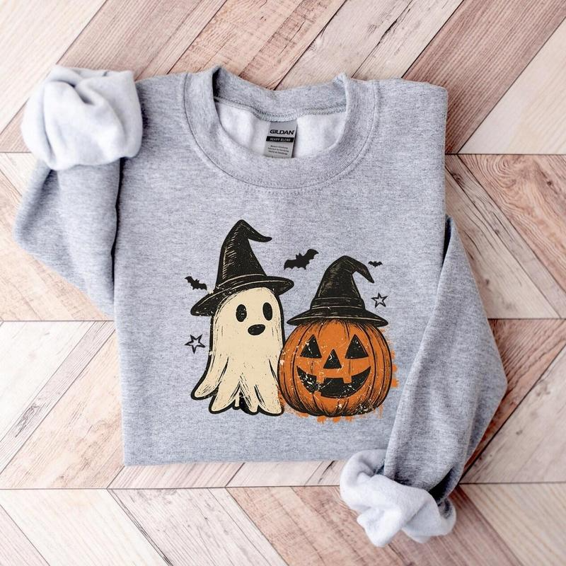 Ghost and Jack O’Lantern Witch Hat Halloween Graphic Crewneck Sweatshirt